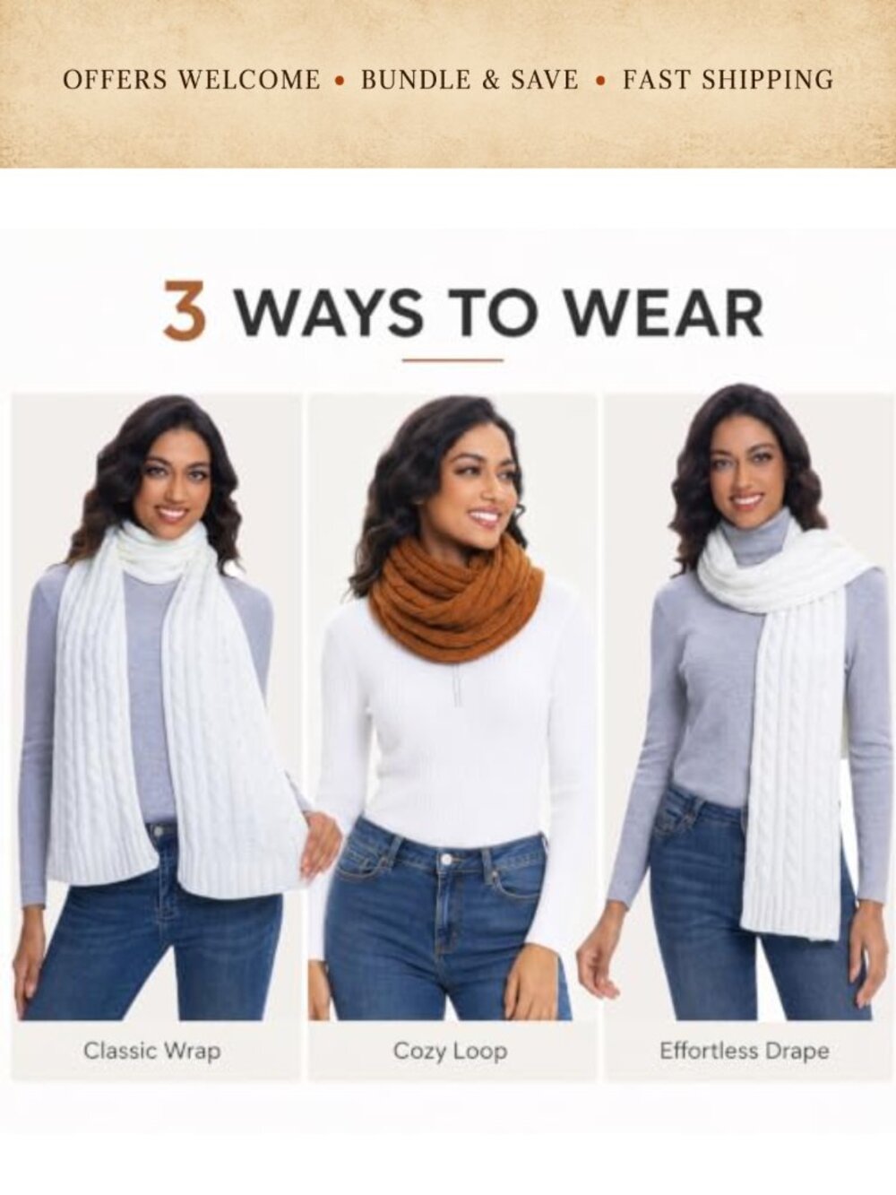 Cable Knit Ribbed Winter Scarf Polyester Long Rectangular - Picture 4 of 6